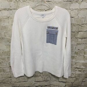 Crown & Ivy White Blue Cotton Nautical Studded Pocket Sweater